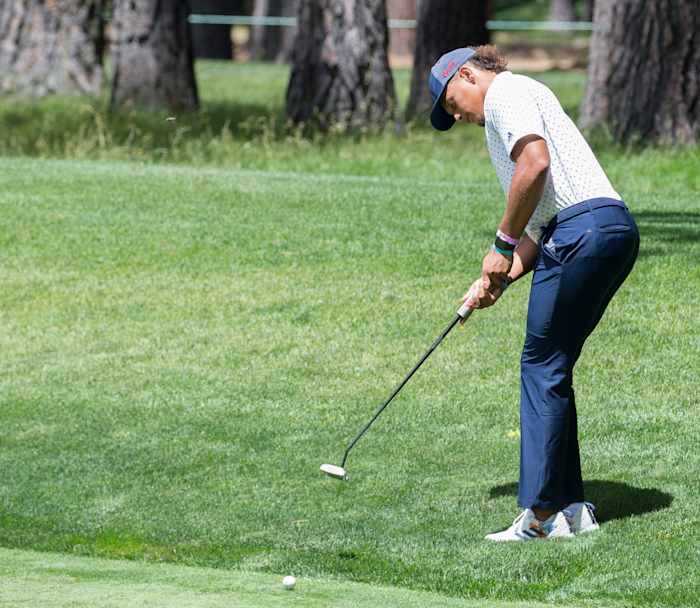Patrick Mahomes putts from the edge of the green during the ACC Golf Tournament at Edgewood Tahoe Golf Course in South Lake Tahoe on Friday, July 10, 2020.